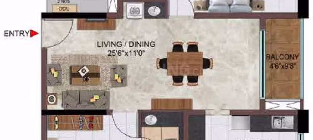 1015 Sqft 2 BHK Floor Plan