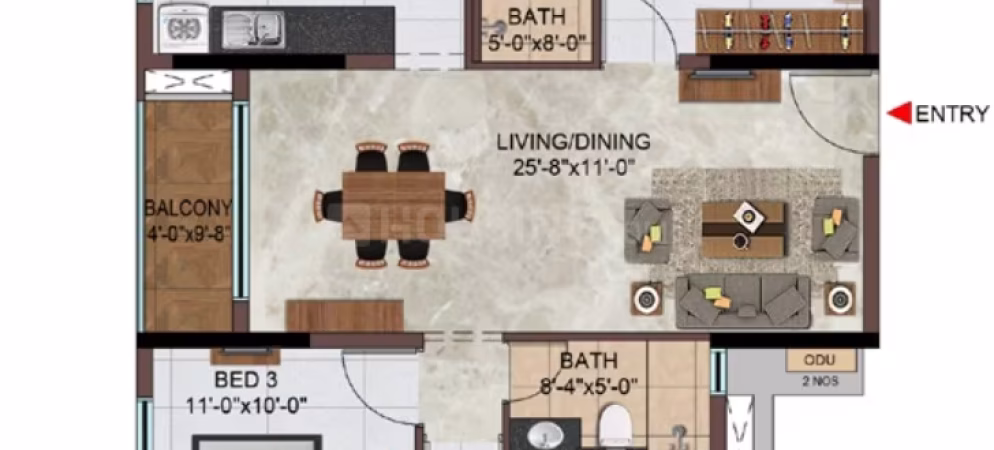 1330 Sqft 3 BHK Floor Plan