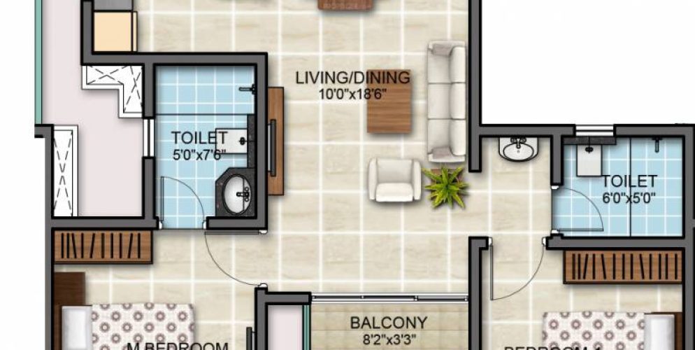 Bollineni Zion Floor Plan 2 BHK 885 Sqft