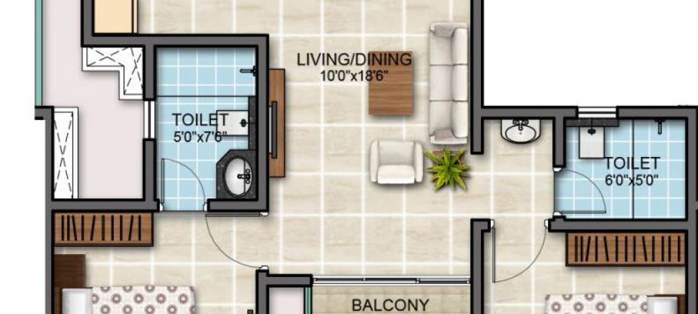 Bollineni Zion Floor Plan 2 BHK 885 Sqft